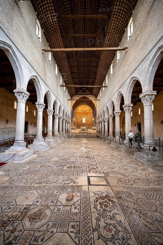 Basilica di Santa Maria Assunta, Basilica of Aquileia with historic floor mosaic in the main nave, UNESCO World Heritage Site, Aquileia, Friuli, Italy