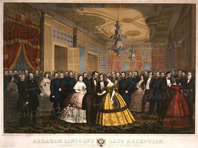 Abraham Lincoln (born 12 February 1809 near Hodgenville, died 15 April 1865 in Washington, D.C.) served as the 16th President of the United States of America from 1861 to 1865. First elected in 1860, he was re-elected for a second term in 1864. He was the first president from the Republican Party and the first to be assassinated. The picture shows Abraham Lincoln and the First Lady, Mary Todd Lincoln, at the White House. They are welcoming Union generals, cabinet members and distinguished guests towards the end of the American Civil War. Famous figures such as General Ulysses S. Grant and his woman Julia were added to the scene by the artist at a later date, although they were not actually present that evening, an authentic, digitally restored reproduction of a 19th-century original, exact date of the depiction unknown, Historical