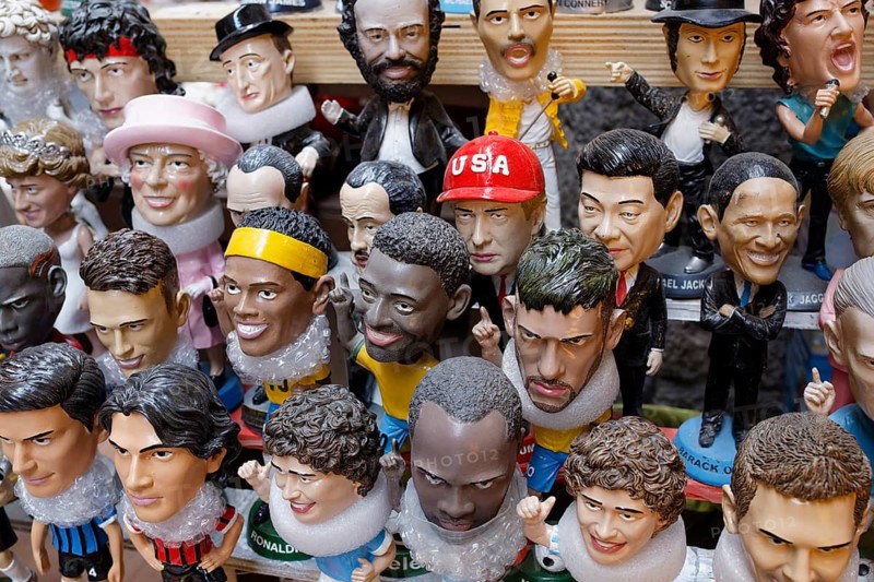 Figurines for sale, soccer player, politician, celebrity, Maradonna, Queen, Diana, Trump, Xi, Via San Gregorio Armeno, Spaccanapoli, historic center, Naples, Campania, Italy