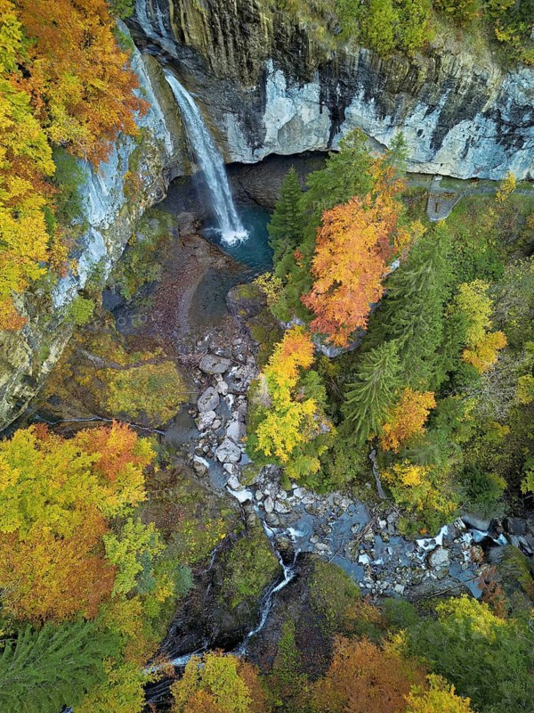 Aerial view of Berglistüber waterfall in autumn-colored surroundings, Linthal, Klausenpass, Canton of Glarus, Switzerland