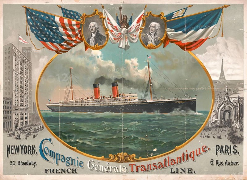 Advertising poster around 1900 depicts the transatlantic passenger steamer La Lorraine of the French shipping company Compagnie Générale Transatlantique, framed by American and French flags as well as portraits of George Washington and historical figures, American history, authentic, digitally restored reproduction in high resolution from an original from the 19th century, exact date of presentation unknown, historical