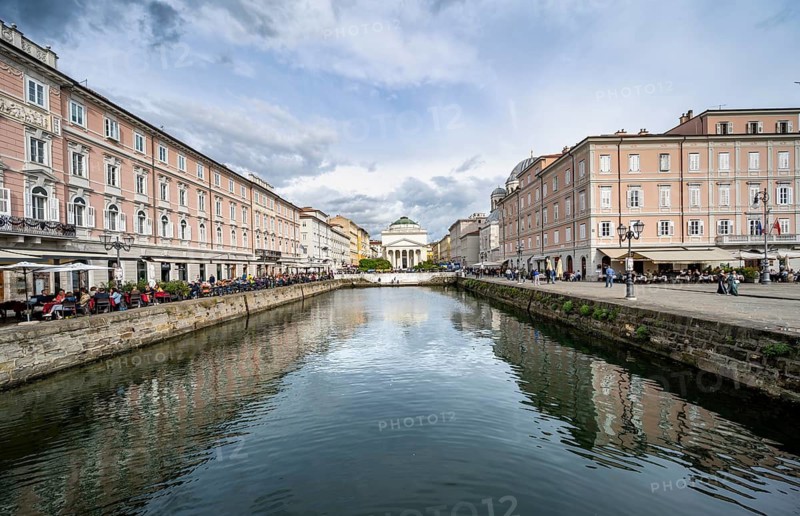 Grand Canal with reflection, Sant'Antonio Taumaturgo church in the back, Borgo Teresiano, Trieste, Friuli-Venezia Giulia region, Italy