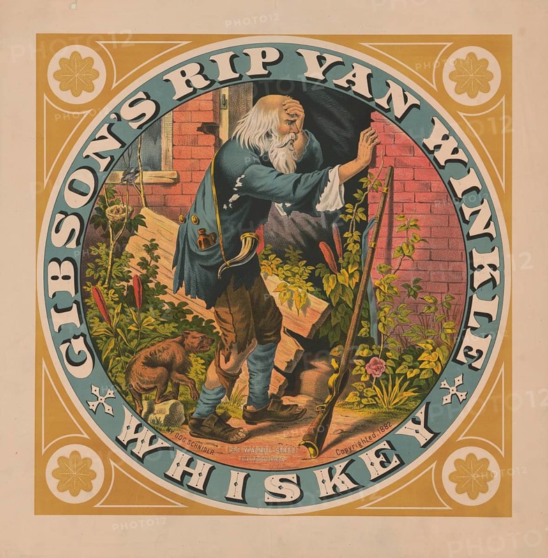 Advertising poster, beverage advertisement, advertising poster from 1882 for Gibson's Rip Van Winkle Whiskey. The illustration shows the literary character Rip Van Winkle with his dog Schnider in the Catskill Mountains, authentic reproduction of a historical advertising poster, advertising sign, in high resolution, historical