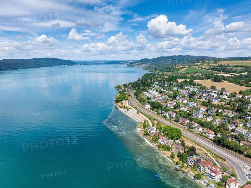 Aerial view of Lake Constance with the Landesgartenschaugelände and lakeside park, Goldbach, Überlingen, Bodenseekreis, Baden-Württemberg, Germany