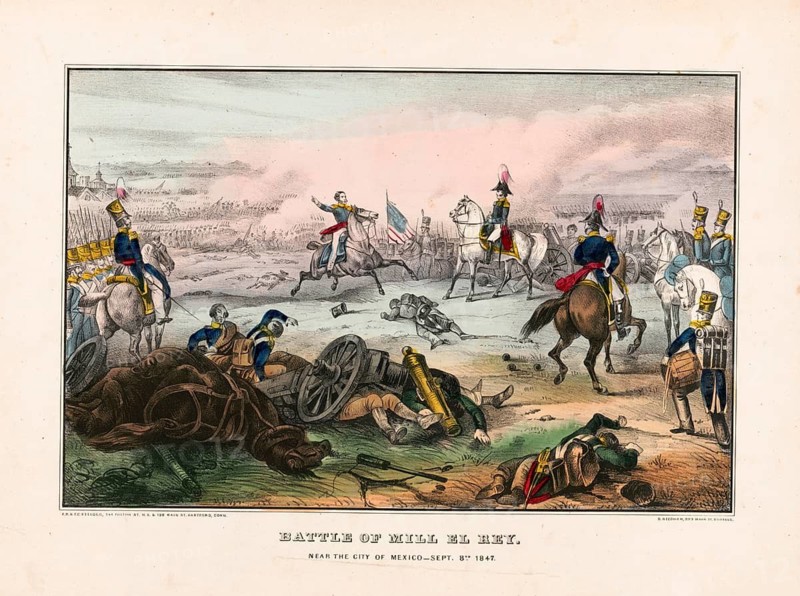 A lithograph depicting the Battle of Molino del Rey (also known as the Battle of Mill El Rey), which took place on 8 September 1847 near Mexico City during the Mexican–American War. In the foreground, fallen soldiers, captured or destroyed artillery and mounted officers can be seen, whilst in the background, military formations and the US flag are depicted. The storming of the gunpowder factory and grain mill (Molino del Rey) by US troops under General Winfield Scott was one of the bloodiest engagements of the campaign leading up to the capture of Mexico City, American history, authentic, digitally restored reproduction of a 19th-century original, exact date of the depiction unknown, historical