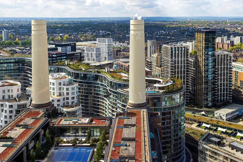 Aerial view of Battersea Power Station rooftop gardens between the twin chimneys atop the redeveloped Battersea Power Station, London, England, United Kingdom
