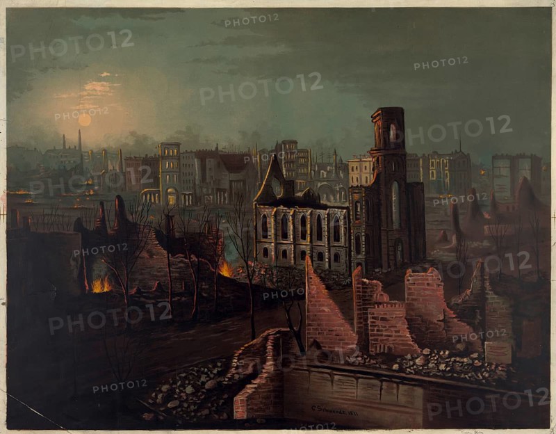 Depiction of smoking ruins after the Great Chicago Fire of October 1871, In the foreground and center are charred remains, destroyed brick walls and skeletons of burnt out buildings under a nocturnal, smoke-covered sky with pale moonlight, authentic, digitally restored reproduction in high resolution from a 19th century original, exact date of presentation unknown, American history, historical