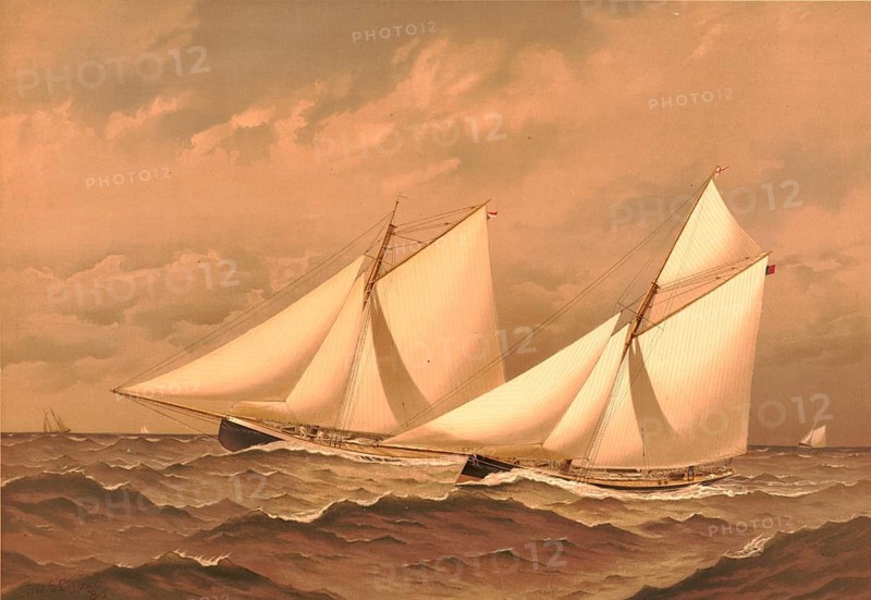 Picture shows a historical color lithograph of the American yacht racing success by Frédéric Schiller Cozzens from 1886, depicting the defense of the America's Cup by the US yacht Mayflower in a duel against the British challenger yacht Galatea. In the foreground, American sloop defender Mayflower and British cutter Galatea fight for every position during the regatta in stormy seas. The race took place off New York in September 1886, with the Mayflower successfully defending the Cup under the construction of Edward Burgess, American history, authentic, digitally restored reproduction from a 19th century original, exact date of depiction unknown, historical