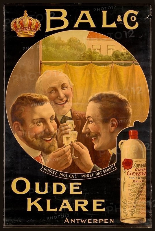 Advertising poster, beverage advertisement, advertising poster from 1909 for the Belgian Genever manufacturer Bal & Co. from Antwerp. The poster is a color lithograph showing three men toasting with small glasses. The brand of the schnapps is Bal & Co Oude Clear, authentic reproduction of a historical advertising poster, advertising sign, in high resolution, historical