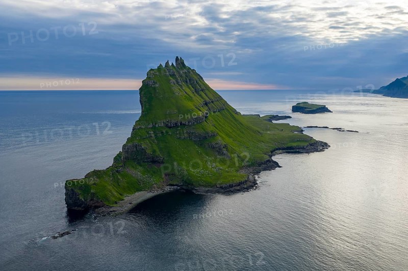 Tindhólmur, distinctive, steeply towering island, Vágar, Faroe Islands, Denmark