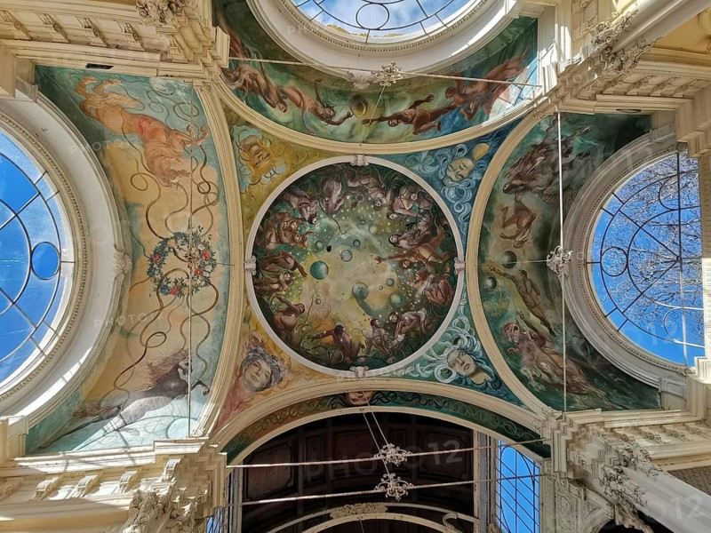 Block up, artistically designed ceiling with frescoes and glass windows in classic design, Maxim Gorky Kollonade, Marianske Lazne main colonade, Marienbad, Czech Republic