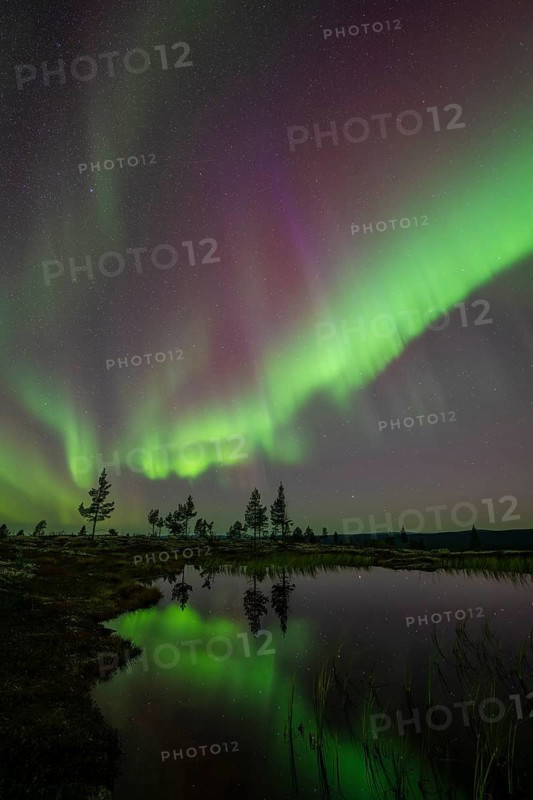 Northern Lights (Aurora borealis) reflected in a mountain lake, Norrbotten, Lapland, Sweden, September 2024