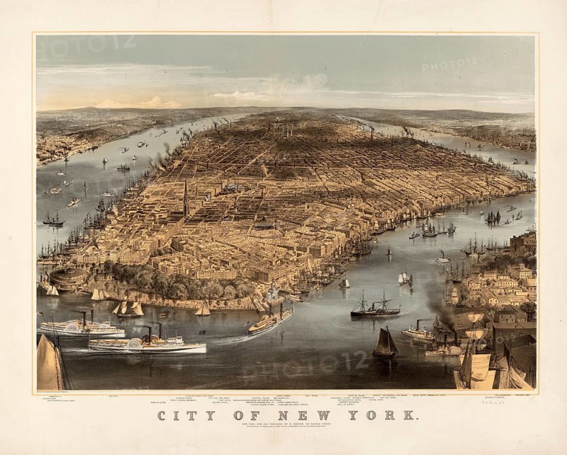 New York City in 1856, shows Manhattan from the south from a bird's eye view with detailed depictions of the harbor and the waterfront, authentic, digitally restored reproduction in high resolution from a 19th-century original, exact date of depiction unknown, American history, historical