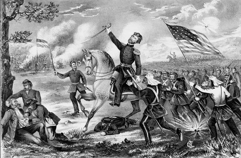 Death of General Nathaniel Lyon at the head of his troops during the Battle of Wilson's Creek on August 10, 1861, American history, authentic, digitally restored high resolution reproduction from a 19th-century original, exact date of depiction unknown, historical