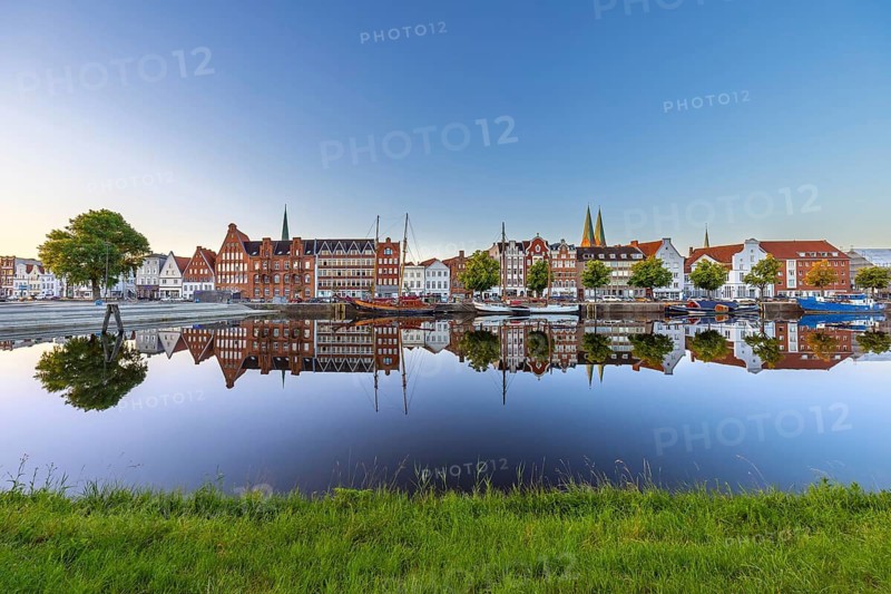 Museum harbour, Museumshafen Lübeck and traditional sailing ships berthed at the Untertrave in the Hanseatic town Lübeck, Schleswig-Holstein, Germany
