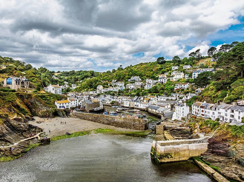 Polperro Harbour and Village from a drone, Polperro, Looe, Cornwall, England, United Kingdom