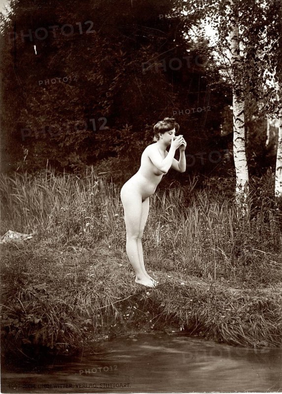 Nudism, life reform, nude, nature, art nouveau, woman in natural environment leaning over a stream, drinking water, Richard Ungewitter, around 1910