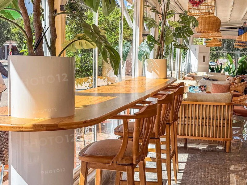 A modern restaurant interior with wooden tables and chairs. The space is bright and airy, featuring large windows and plants for decoration