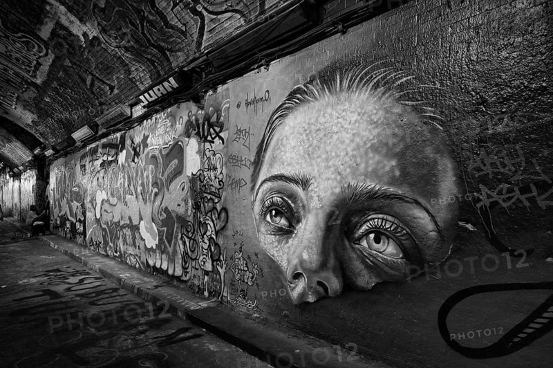 Portrait of a woman, legal, temporary graffiti in the graffiti tunnel, Leake Street Arches, black and white, London, England, Great Britain, Great Britain