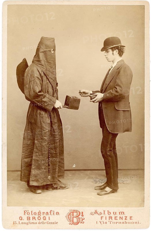 Hypnosis, young man, scene 1, A man in a suit and hat faces a masked figure, Giacomo Brogi, Italy, 1822-1881, Fierenze, around 1880