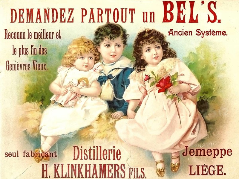 Advertising poster, beverage advertisement, poster for the brand Bel's, an aged juniper brandy. Three children in Victorian clothing style sitting in the grass holding a doll and a rose, 1905, marketed a genièvre Vieux, old genever, described as the best and finest of its kind, Reconnu le meilleur et le plus fin des Genièvres Vieux, authentic reproduction of a historical advertising poster, advertising sign, in high resolution