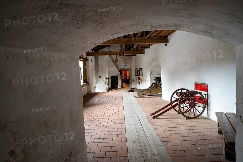 Wehrgang with various historic guns, Hohenwerfen Fortress, Werfen, Pongau, Salzburg state, Austria