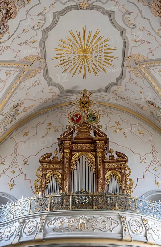 Two-storey organ gallery with historic organ, Müllner Kirche, City of Salzburg, Salzburger Land, Austria