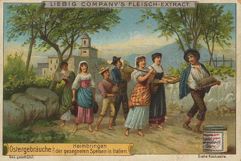 Picture series Easter customs, a group of people in traditional Italian clothing returning from the blessing of Easter dishes, Italy, picture of love, digitally restored reproduction of a collector's painting from around 1900, exact date unknown