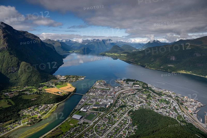 View from Romsdalsstigen of Åndalsnes or Andalsnes and surrounding mountainous landscape around Romsdalsfjorden, Rauma municipality in Møre og Romsdal province, Norway
