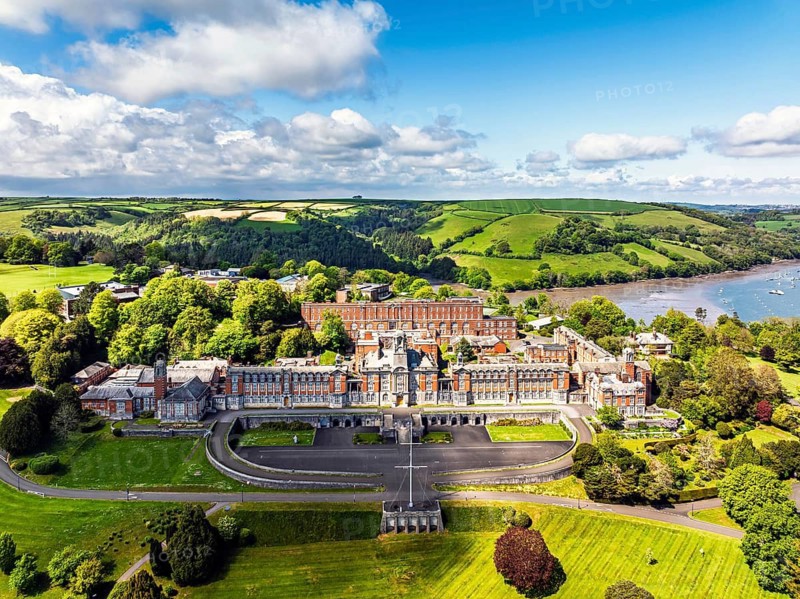 Britannia Royal Naval College from a drone, Dartmouth, River Dart, Devon, England, United Kingdom