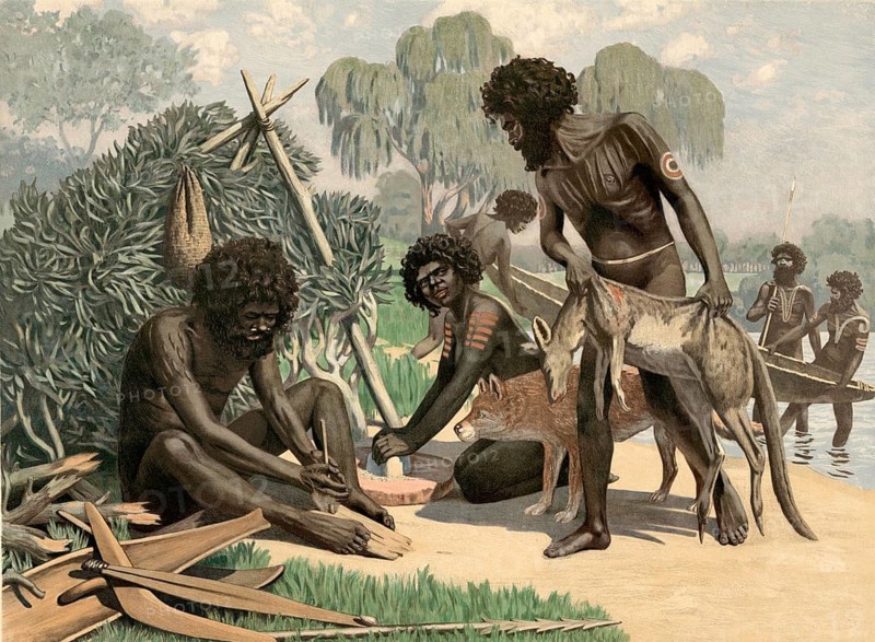 Australian natives preparing food, traditional way of life of the First Nations of Australia as hunter-gatherers. The man sitting on the left uses a prehistoric drill, whisk or hand drill to ignite wood dust through friction. A standing hunter brings a killed animal. A woman in the center crushes or grinds seeds or grains with the help of stones on a support, school picture, illustration, reproduction from a model from the 19th century. School picture, mural, authentic, file restored for optimal use, exact date of original unknown, historical