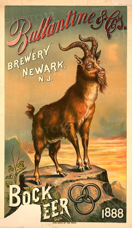 Advertising poster, beverage advertisement, advertising poster from 1888 for the bock beer of the Ballantine & Co. brewery in Newark, New Jersey. The poster is titled King buck of the Rock and shows a buck on a rock, authentic reproduction of a historical advertising poster, advertising sign, in high resolution