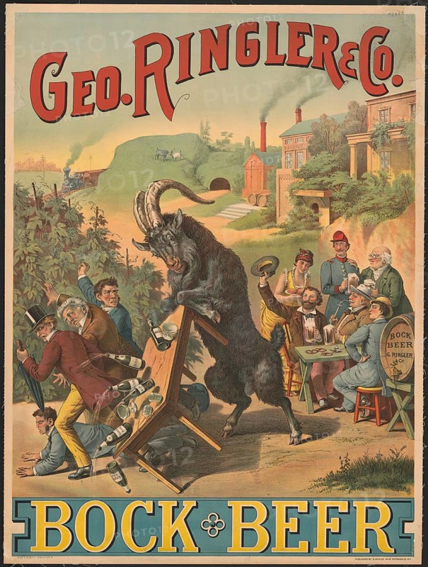 Advertising poster, drinks advertisement, poster from 1886 promoting Geo. Ringler & Co. bock beer. The artwork is by Henry Jerome Schile (1829–1901) and depicts a humorous scene featuring a goat, an authentic reproduction of a historical advertising poster or sign, in high resolution
