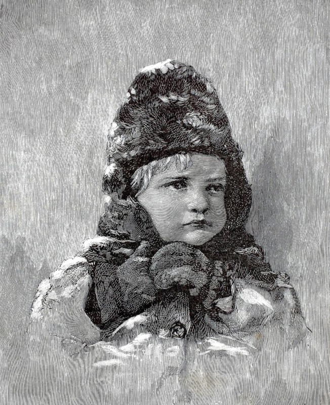 Portrait of a small child wearing warm winter clothes, including a distinctive, voluminous fur hat and thick gloves or mittens, winter, snowflakes on clothing, around 1880, illustration, reproduction from a 19th-century model. Authentic, file restored for optimal use, exact date of submission unknown, historical
