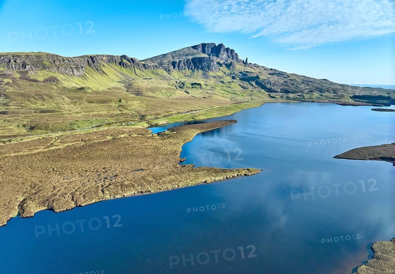 Aerial view of the rocky landscape at Loch Lethan and the Old man of Storr on the Isle of Skye, Scotland, UK