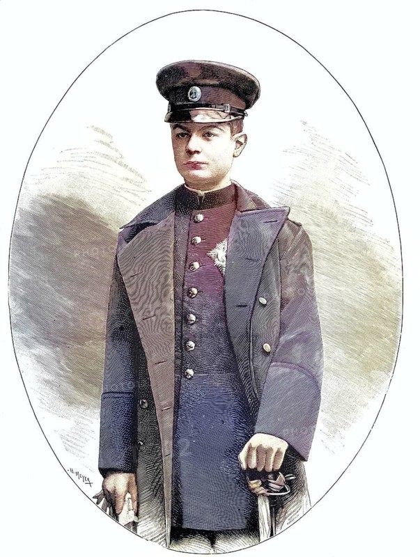 King Alexander I Obrenovic of Serbia (1876–1903) in a young man's military uniform from the late 19th century. Alexander I was a member of the Obrenovic dynasty and ascended the Serbian throne in 1889 following the abdication of his father, King Milan. Reproduction of a 19th-century original. Authentic, file restored for optimal use, exact date of the original unknown, nostalgically coloured
