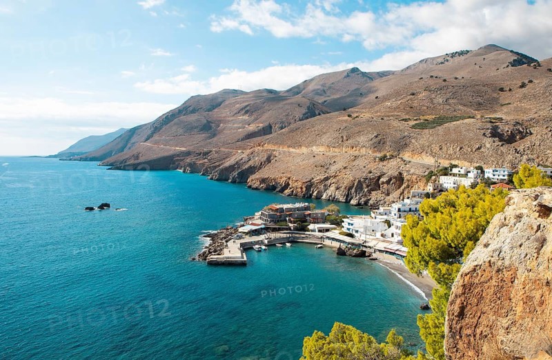 View of Chóra Sfakion on the Libyan Sea, with the Leka Ori or White Mountains in the back, Sfakia Municipality, Chania Regional Unit, Crete, Greece