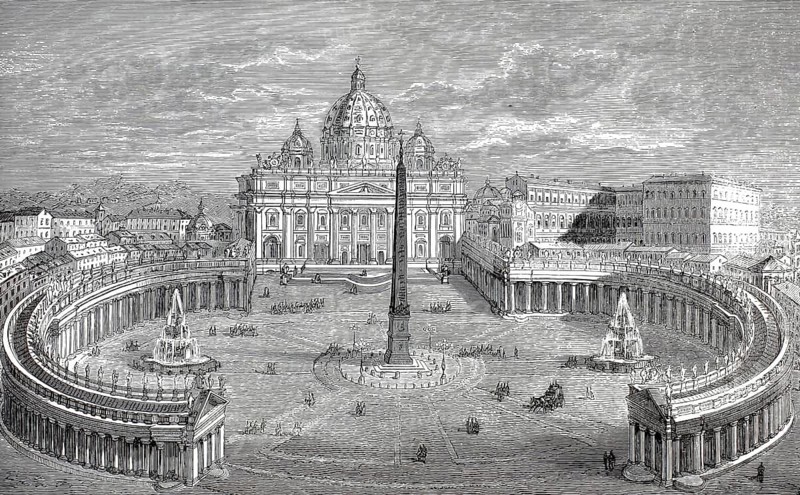 St. Peter's Square, Piazza San Pietro and St. Peter's Basilica, Basilica di San Pietro, in Vatican City in Rome around 1890, Italy, illustration, reproduction from a 19th century model. Authentic, file restored for optimal use, exact date of submission unknown, historical