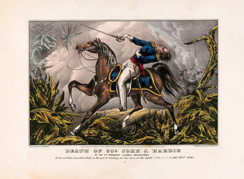 The death of Colonel John J. Hardin of the 1st Regiment of the Illinois Volunteers during the Battle of Buena Vista in the Mexican–American War, 23 February 1847. Colonel John J. Hardin (1810–1847), a well-known American politician and officer from Illinois, American history, authentic, digitally restored high-resolution reproduction from a 19th-century original, exact date of the image unknown, historical