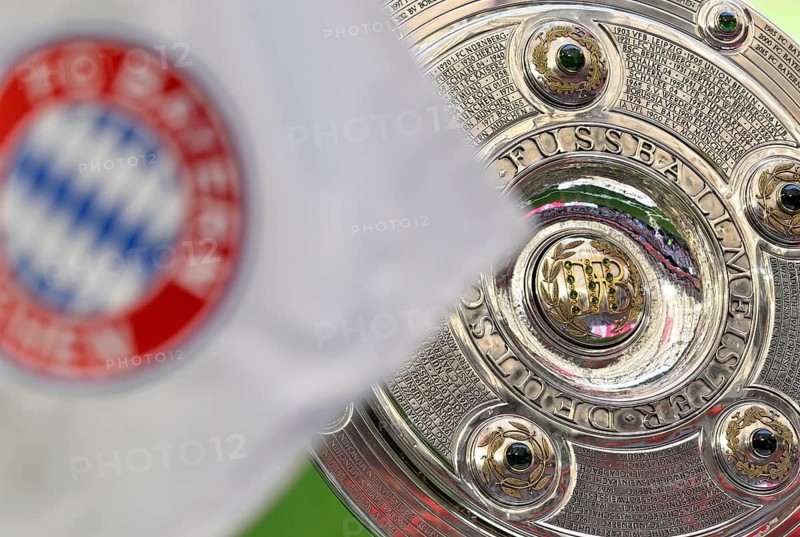 Corner flag, FC Bayern Munich logo, in front of championship cup, trophy, soccer Bundesliga, Allianz Arena, Munich, Bayern, Germany