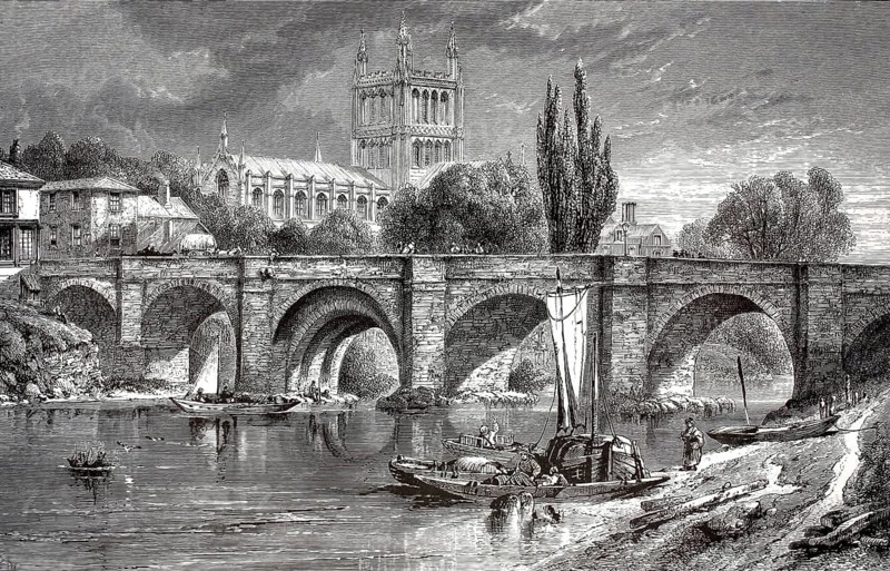 Hereford Cathedral and Wye Bridge across the River Wye in Herefordshire, England, 1870, illustration, reproduction from a 19th-century model. Authentic, file restored for optimal use, exact date of submission unknown, historical