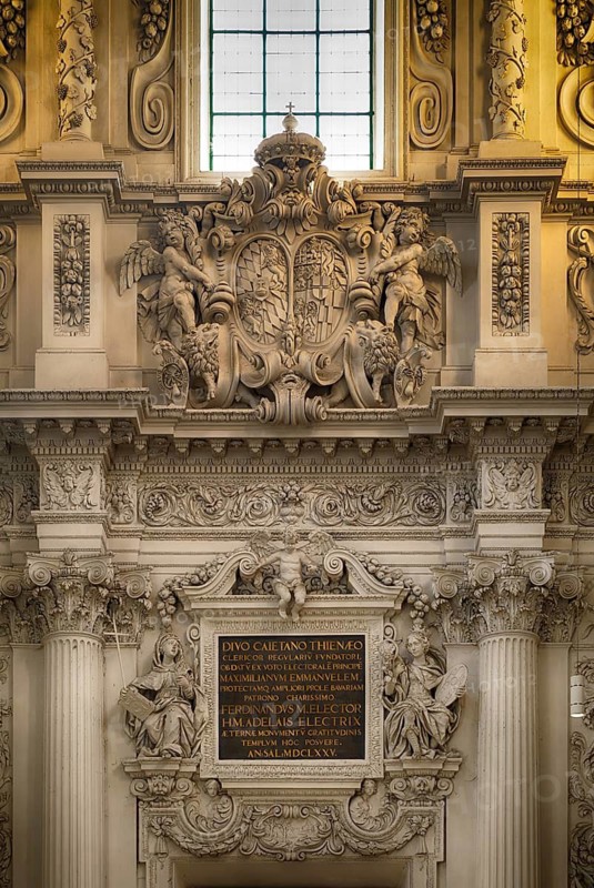 Interior photo, stucco cartouche with the coat of arms and inscriptions of Elector Ferdinand Maria of Bavaria and his woman Henriette Adelaide of Savoy, Theatine Church, officially St. Kayetan and Adelaide, Munich, Bavaria, Germany