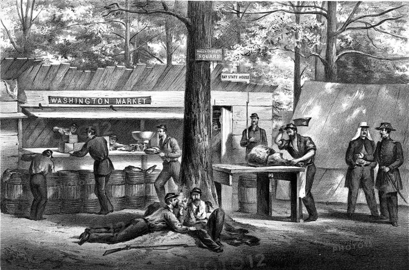 Lithographic print from 1861 with the title Commissary Department. Encampment of the Mass. 6th Regiment of Volunteers at the Relay House near Baltimore, MD, which depicts camp life and the feeding place of Union troops in the American Civil War. Field kitchen or food and butcher's edition of the 6th Massachusetts Volunteer Regiment, American history, authentic, digitally restored reproduction in high resolution from a 19th century original, exact date of presentation unknown, historical