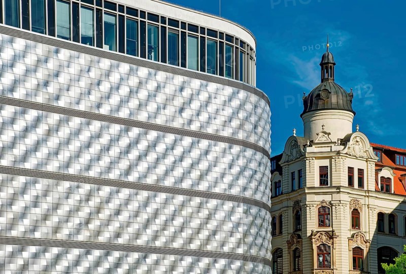 Historic and modern façade, former tin box, former consumer department store with aluminum façade and historic building, Richard-Wagner-Platz, Leipzig, Saxony, Germany