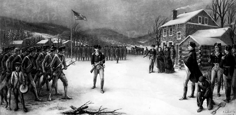 The historical work *Baron Steuben at Valley Forge, 1778* by Augustus G. Heaton (1907) depicts the Prussian officer Friedrich Wilhelm von Steuben providing military training to the Continental Army. In the winter of 1778, General von Steuben is drilling the poorly equipped American troops at the Valley Forge camp, American history, authentic, digitally restored reproduction of a 19th-century original, exact date of the depiction unknown, historical