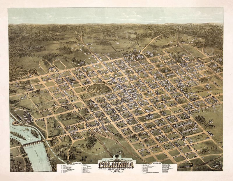 Historic bird's-eye view of the city of Columbia, the capital of South Carolina, from 1872, Columbia cityscape in isometric perspective with detailed streets, buildings and the adjacent river landscape, authentic, digitally restored reproduction in high resolution from a 19th-century original, exact date of presentation unknown, American history, historical