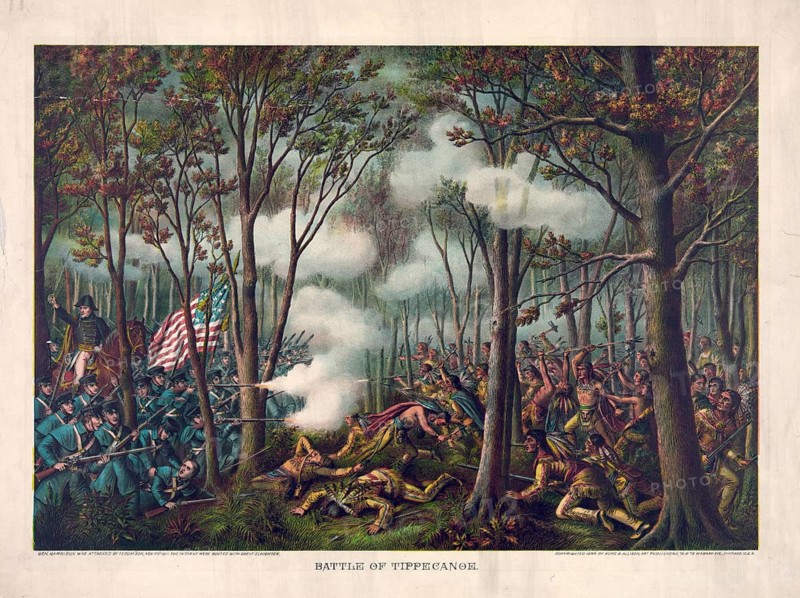 Battle of Tippecanoe, Battle of Tippecanoe. The battle took place in Indiana on November 7, 1811. American troops under General William Henry Harrison fought against the Indian associations of Tecumseh's Confederation, led by Tecumseh's brother Tenskwatawa, authentic, digitally restored reproduction in high resolution from a 19th-century model, exact date of presentation unknown, American history, historical