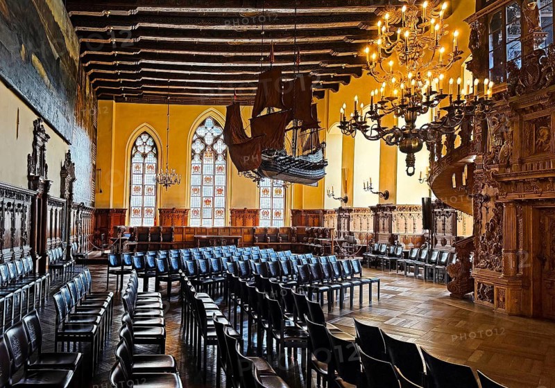 Upper Town Hall with Bremen Orlogue Ship in Bremen City Hall, interior photo, UNESCO World Heritage Site, Free Hanseatic City of Bremen, Germany