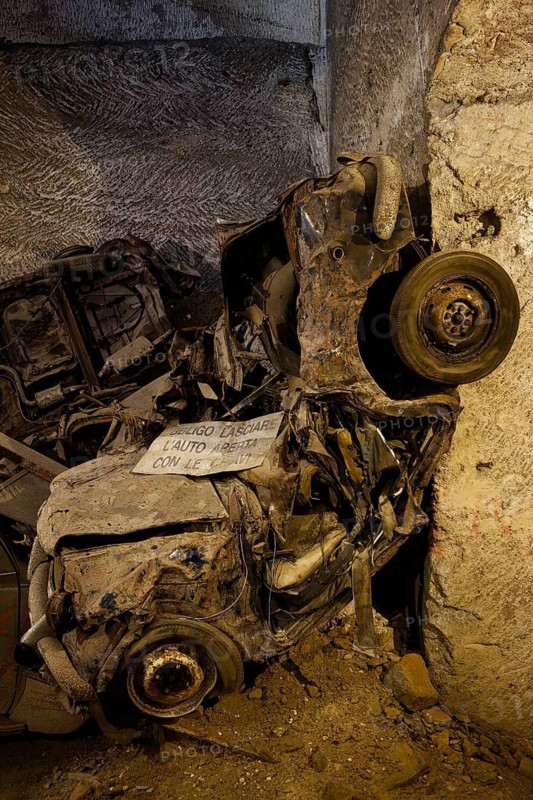 Rotten cars from the 1950s, car cemetery, Galleria Borbonica, Bourbon Gallery, Naples underground, Campania province, Italy