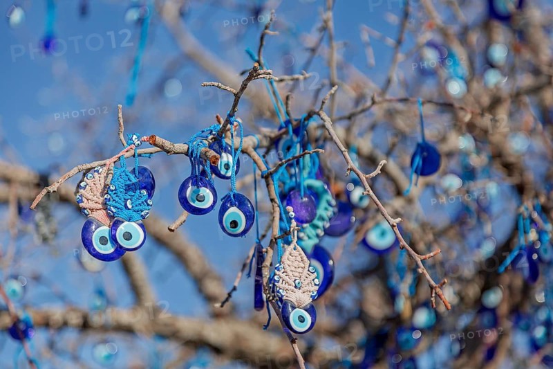 Branches with Nazar amulets (Evil Eye), Nazar Boncugu, Turkey